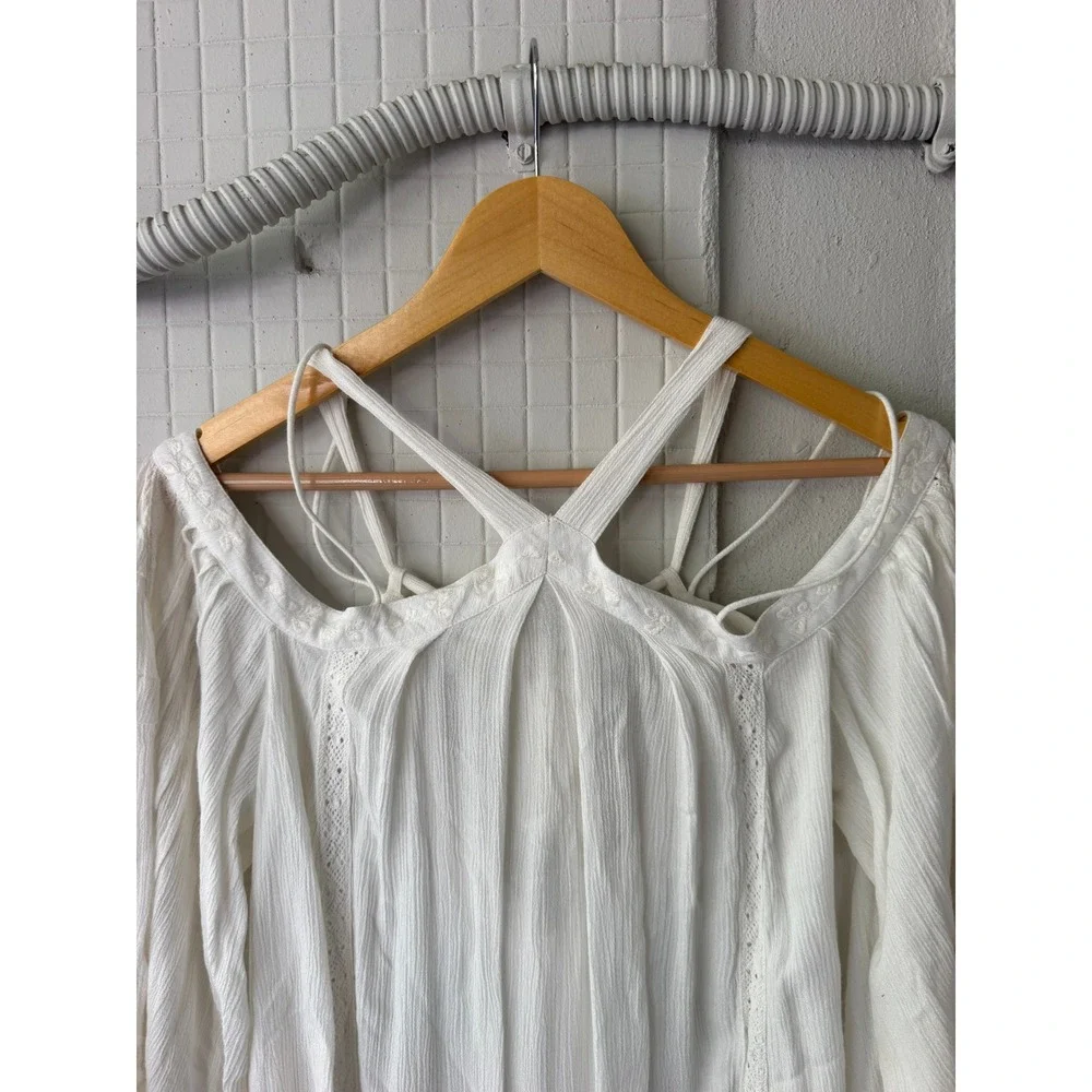 Free People Oversized Peasant Top XS Ivory Strappy Embroidered Boho Bell Sleeve